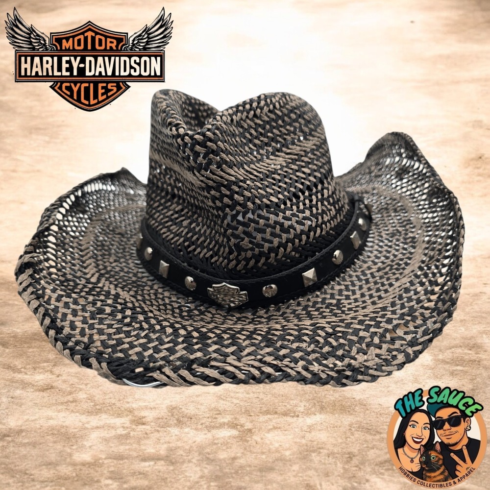 Vintage Harley Davidson Straw Cowboy Hat Adult Small Made in USA Studded Band